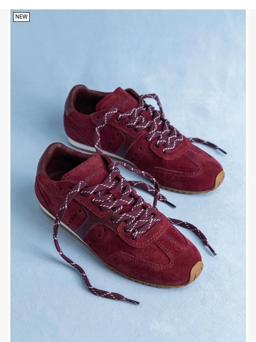 Larroude Stella Burgundy Suede Retro Runner Sneakers with Tan Toe